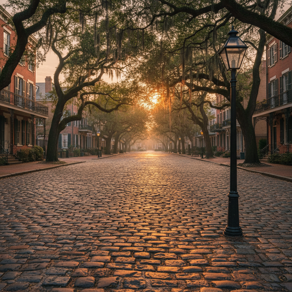 A weathered cobblestone square in historic Savannah, Georgia, stretches into the distance, every stone slick with a faint, centuries-old sheen. Elegant brick townhouses with wrought-iron balconies and tall shuttered windows frame the scene, draped in cascading Spanish moss from massive live oak trees. Late afternoon golden-hour sunlight filters sideways through the branches, creating intricate lacework shadows across the stones. A single vintage-style black lamppost anchors the foreground, its glass lantern subtly catching the light. Photographic realism, captured at eye level with a slightly wide lens and deep focus so every texture—brick, iron, moss, and stone—appears crisp. The mood is sophisticated, romantic, and timeless, evoking quiet Southern charm and gentle anticipation, with a soft, warm color palette and a serene, lightly hazy atmosphere in the far background.