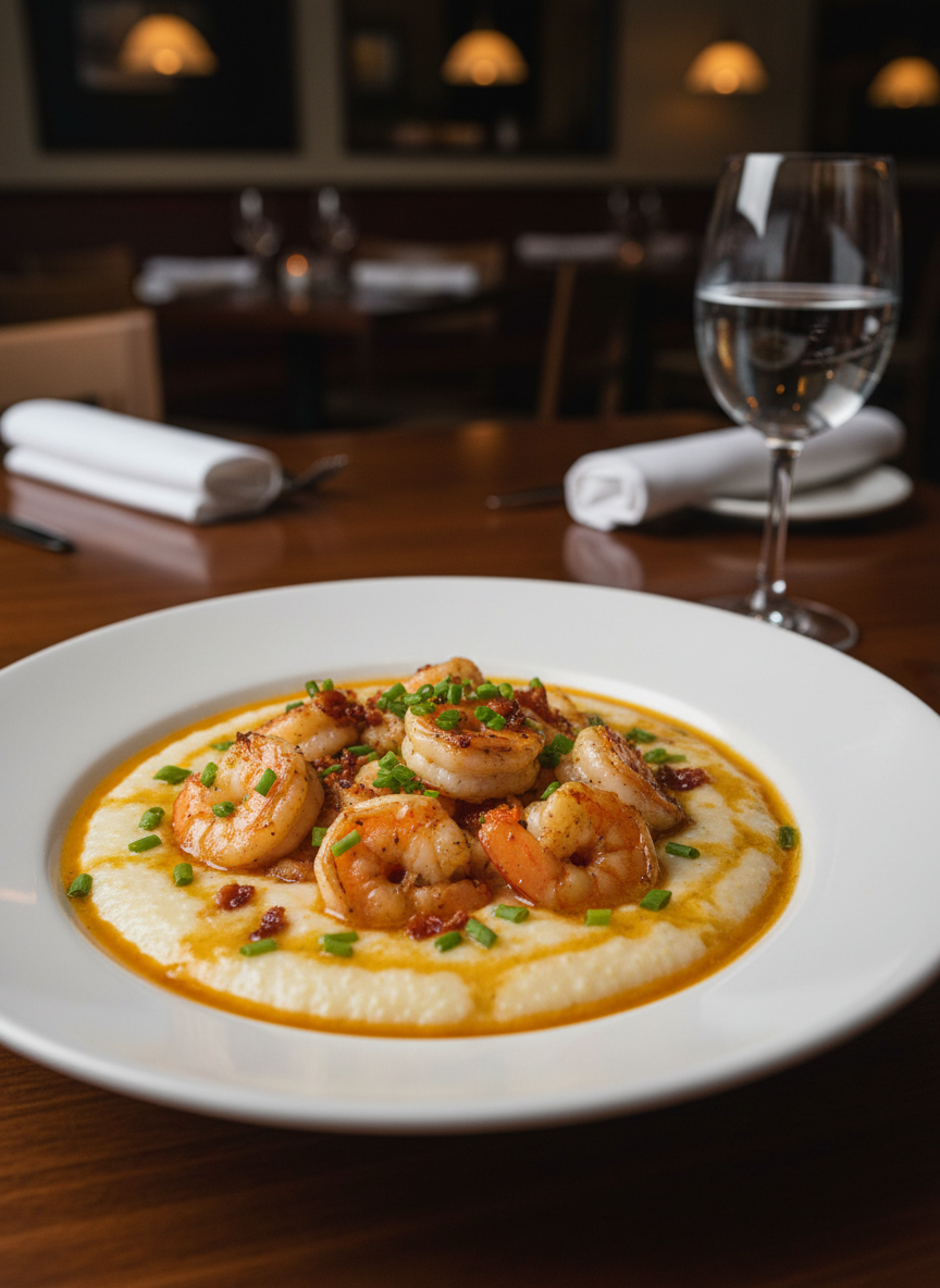 An inviting wooden table in a refined Savannah restaurant is set with a large, shallow porcelain bowl of creamy shrimp and grits. The stone-ground grits are pale ivory with a velvety, almost matte texture, crowned by plump, pink-gold shrimp seared to a gentle char, glistening in a rich, amber-butter sauce. Flecks of scallion and crumbles of smoky bacon add color and texture. The table’s dark, polished wood subtly reflects the bowl’s rim and the stem of a single water glass. Warm, low pendant lighting from above creates soft highlights on the sauce and gentle shadows beneath the bowl, emphasizing depth. Photographic realism with a slightly elevated, three-quarter angle and shallow depth of field keeps the dish in sharp focus while the background dissolves into tasteful blur, evoking an atmosphere of sophisticated Southern comfort and quiet indulgence.
