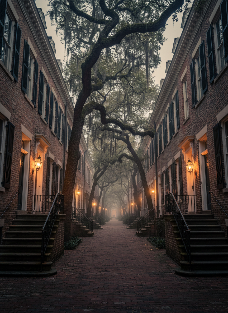 A narrow Savannah lane lined with stately row houses stretches into soft twilight, each façade built of aged red and brown brick with ornate white trim and black shuttered windows. Delicate wrought-iron stair railings curve gracefully up to tall, glossy-painted doors, each with a transom window glowing faintly from within. Spanish moss hangs in loose curtains from immense oak branches arching overhead, forming a natural tunnel. Iron gas-style lanterns mounted beside the doors cast warm, amber pools of light onto the stone steps and brick sidewalks, but the depths of the lane remain shadowy and mysterious. Shot in photographic realism from a low, centered perspective, the composition draws the eye through the lane, with subtle mist softening the distance. The mood is elegant yet faintly haunting, blending Southern sophistication with a whisper of ghostly legend.