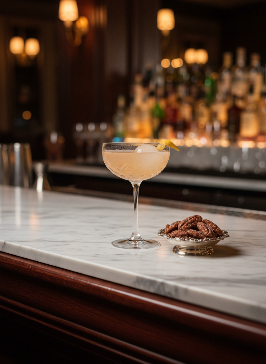 A polished marble bar inside an upscale Savannah cocktail lounge is arranged with a single, meticulously crafted drink inspired by Southern flavors. A cut-crystal coupe glass holds a pale peach-hued cocktail, its surface absolutely smooth except for a single oversized clear ice sphere and a thin twist of lemon resting gracefully on the rim. Nearby, a small silver dish holds candied pecans, their glossy shells catching tiny highlights. The bar’s deep mahogany reflects the glass in a muted, luxurious sheen. Overhead, warm, low ambient lighting creates dramatic reflections in the crystal facets, while the background shelves of bottles and glassware melt into a soft, sophisticated bokeh. Photographic realism with a close-up, three-quarter angle and shallow depth of field, evoking an atmosphere of refined Southern evenings, quiet conversation, and understated glamour.